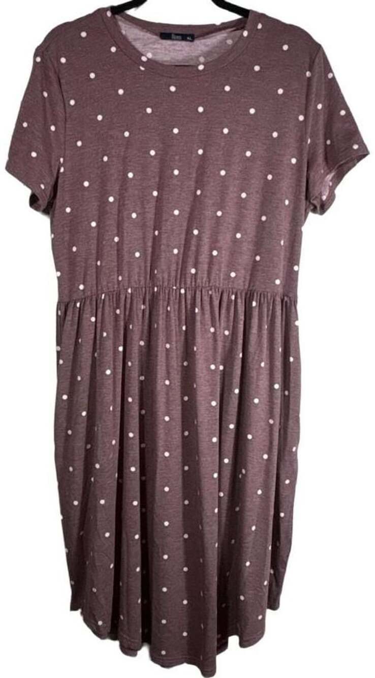 Simier Fariry Heathered Maroon Polka Dot Short Sleeve Midi Pocket Dress XL